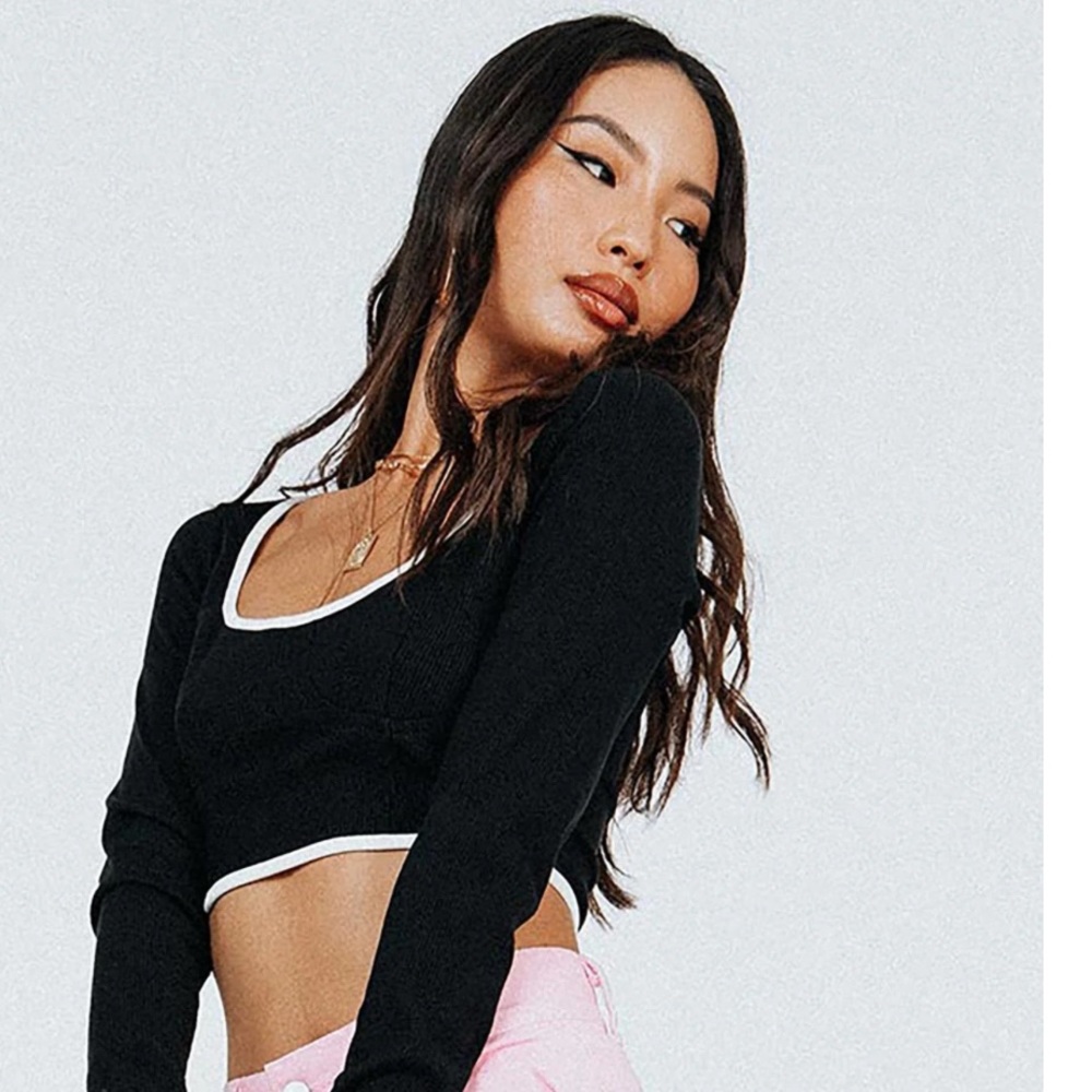 Black and white trim, princess Polly long sleeve crop top with corset detailing